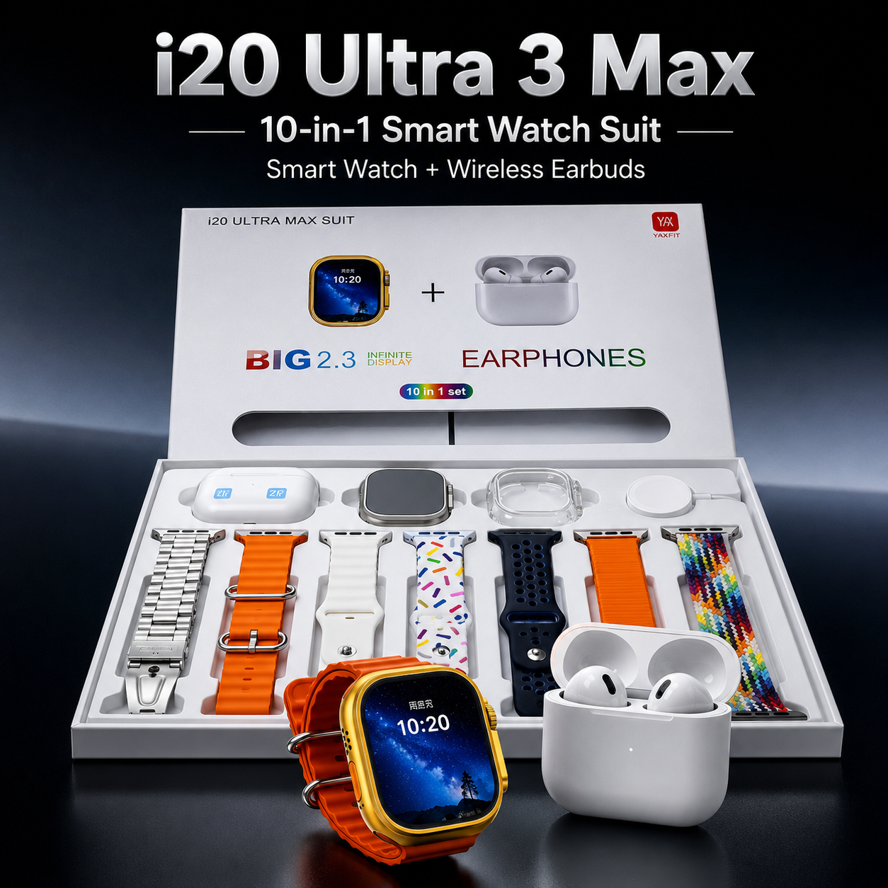 i20 Ultra 3 Max Smart Watch Suit with 7 Straps & Earbuds